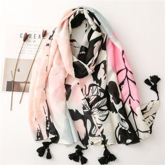 NEW Boho Floral Tasseled Rectangle Soft Chic Scarf Large Pink White Black - Picture 1 of 15